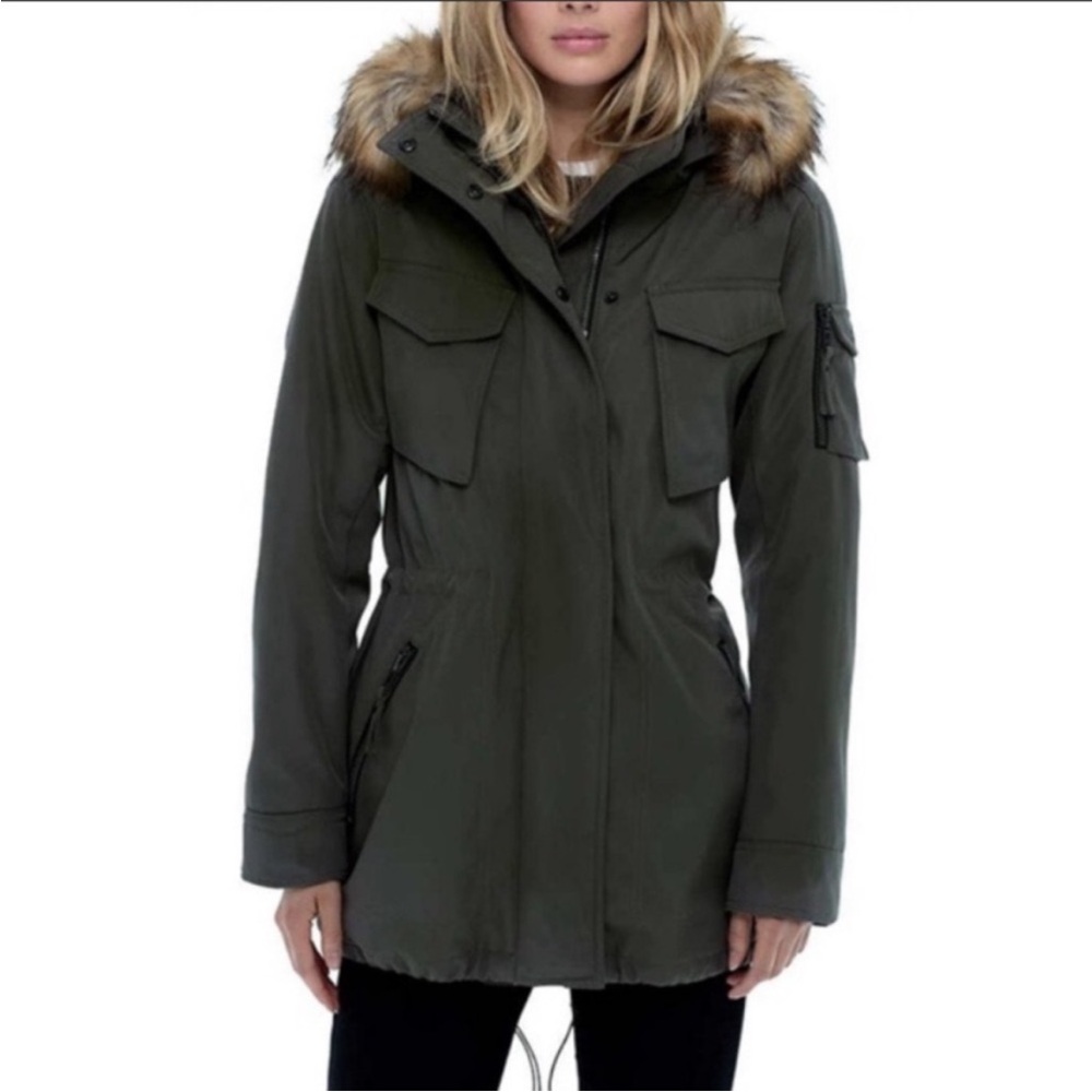 S13 Women's Military Field Jacket Parka Khaki Green Cargo Jacket Faux Fur Hood